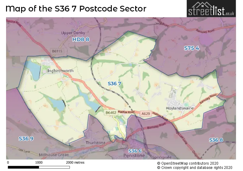 Map of the S36 7 and surrounding postcode sector