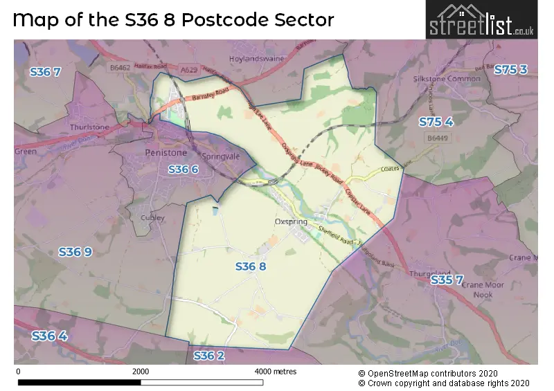 Map of the S36 8 and surrounding postcode sector