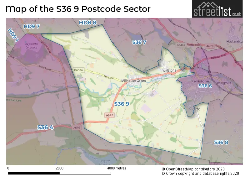 Map of the S36 9 and surrounding postcode sector