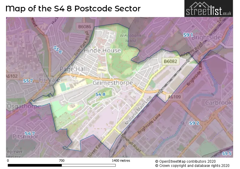 Map of the S4 8 and surrounding postcode sector