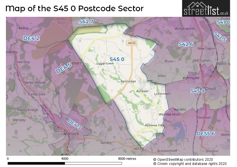 Map of the S45 0 and surrounding postcode sector