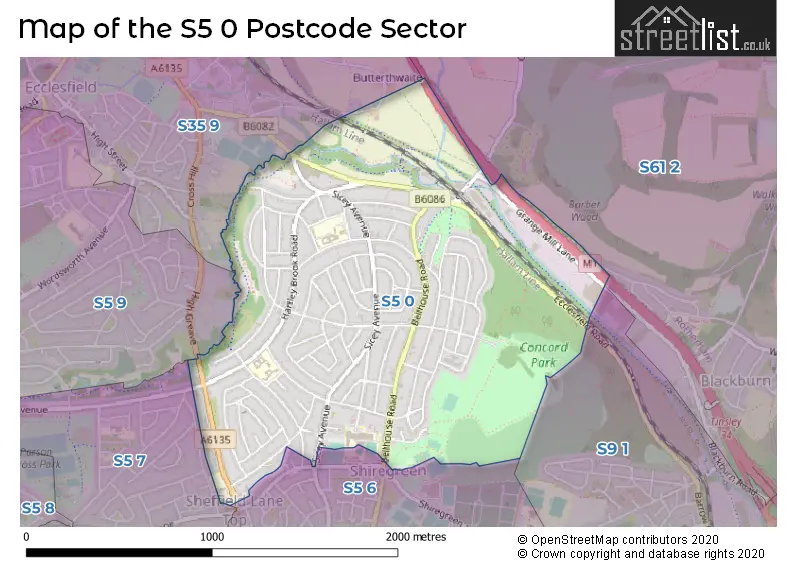 Map of the S5 0 and surrounding postcode sector