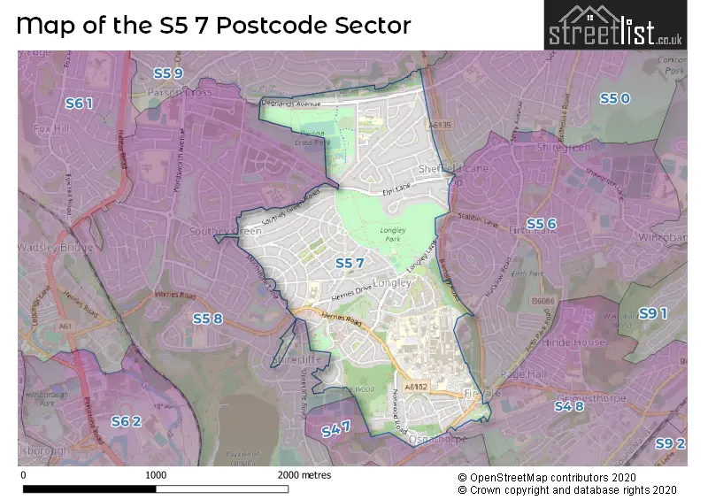Map of the S5 7 and surrounding postcode sector