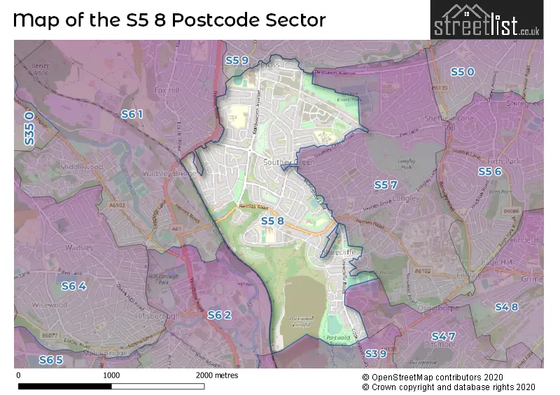 Map of the S5 8 and surrounding postcode sector