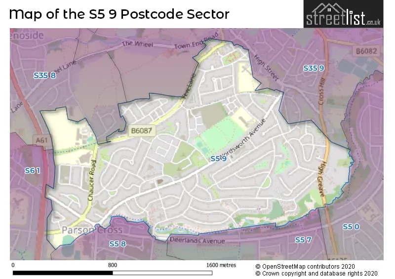 Map of the S5 9 and surrounding postcode sector