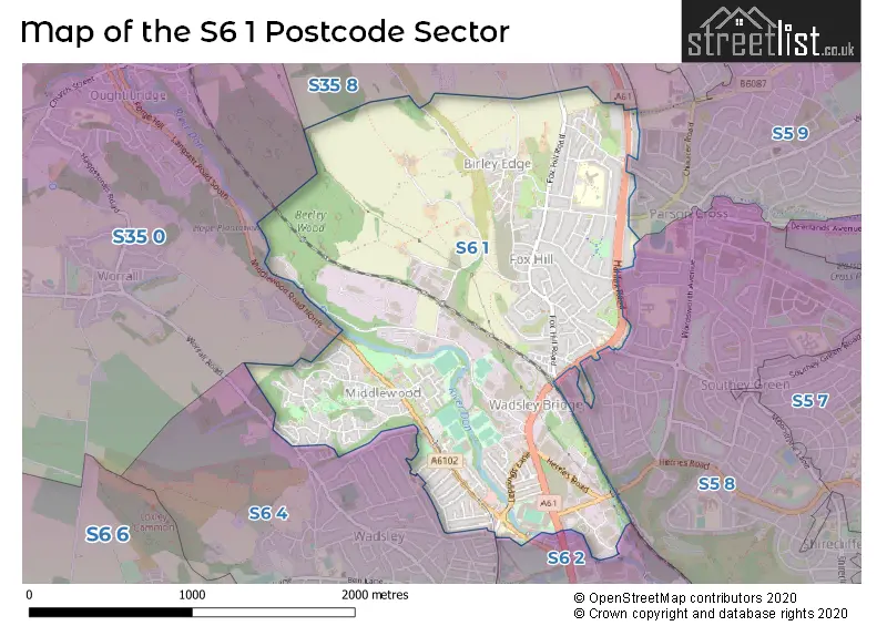 Map of the S6 1 and surrounding postcode sector