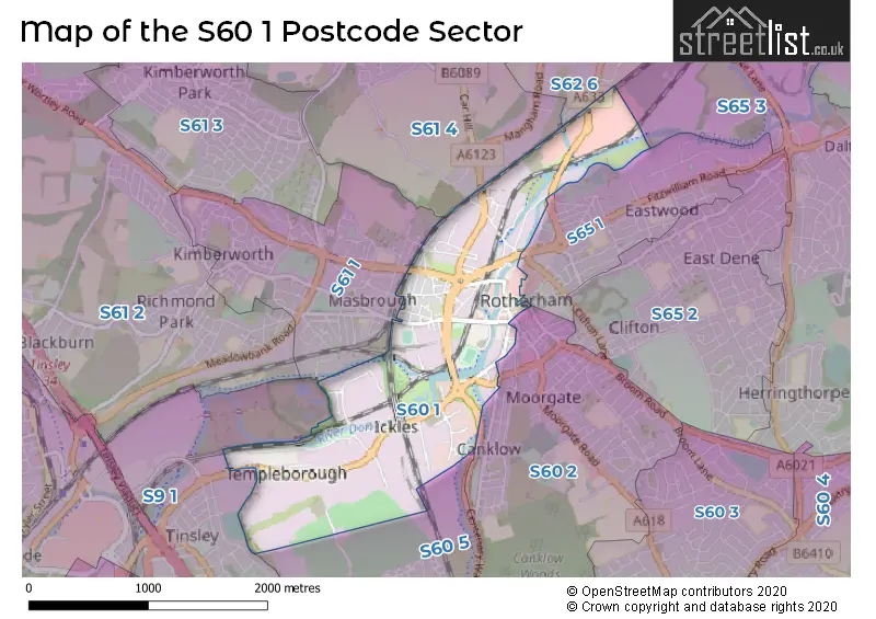 Map of the S60 1 and surrounding postcode sector