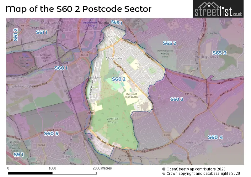 Map of the S60 2 and surrounding postcode sector