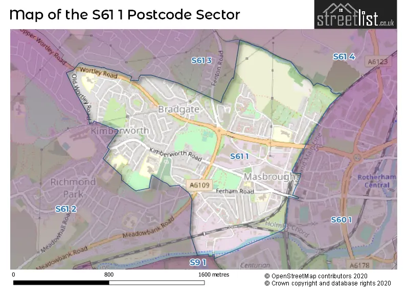 Map of the S61 1 and surrounding postcode sector