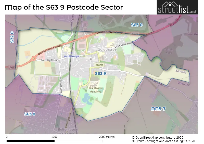 Map of the S63 9 and surrounding postcode sector
