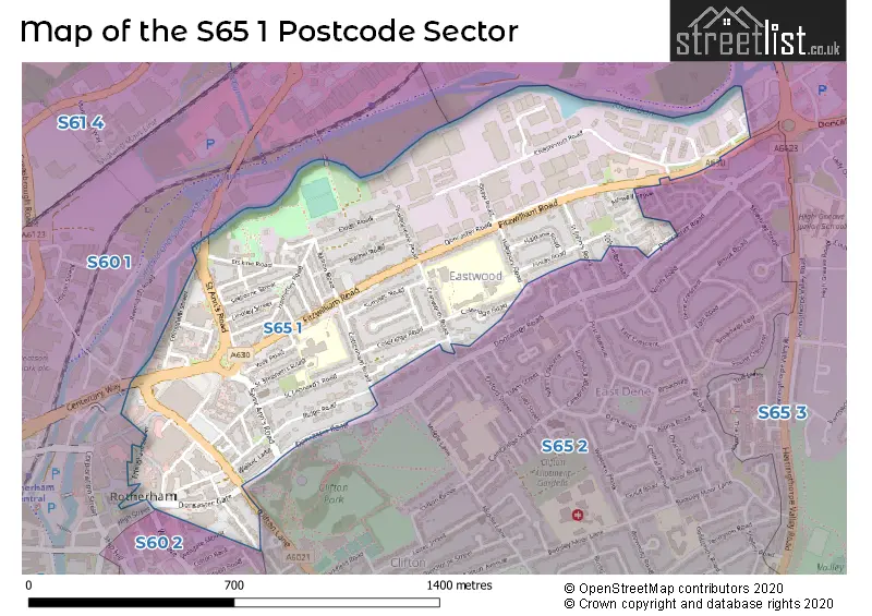 Map of the S65 1 and surrounding postcode sector