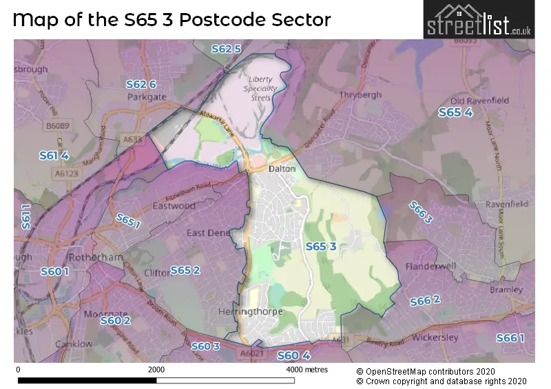 Map of the S65 3 and surrounding postcode sector