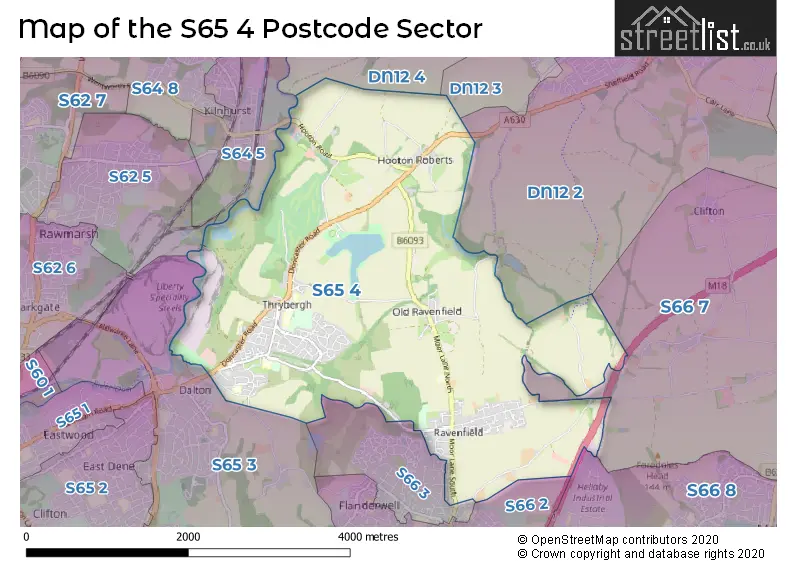 Map of the S65 4 and surrounding postcode sector