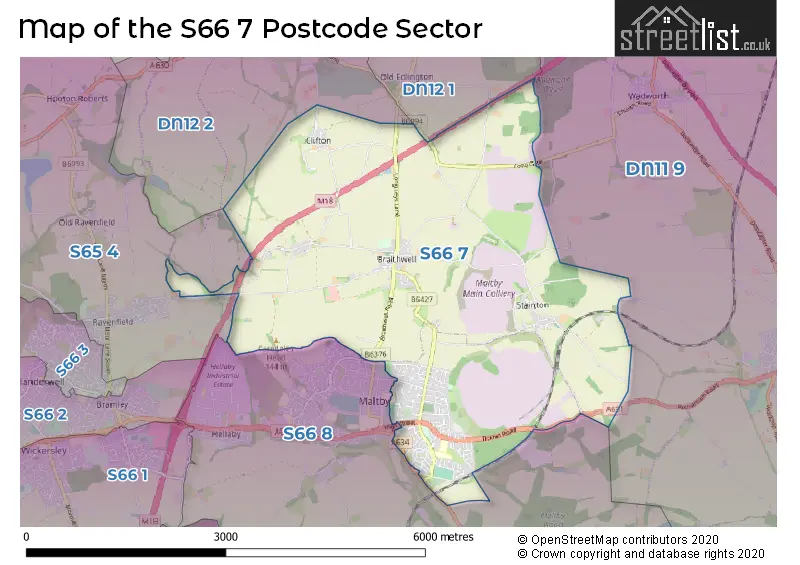Map of the S66 7 and surrounding postcode sector