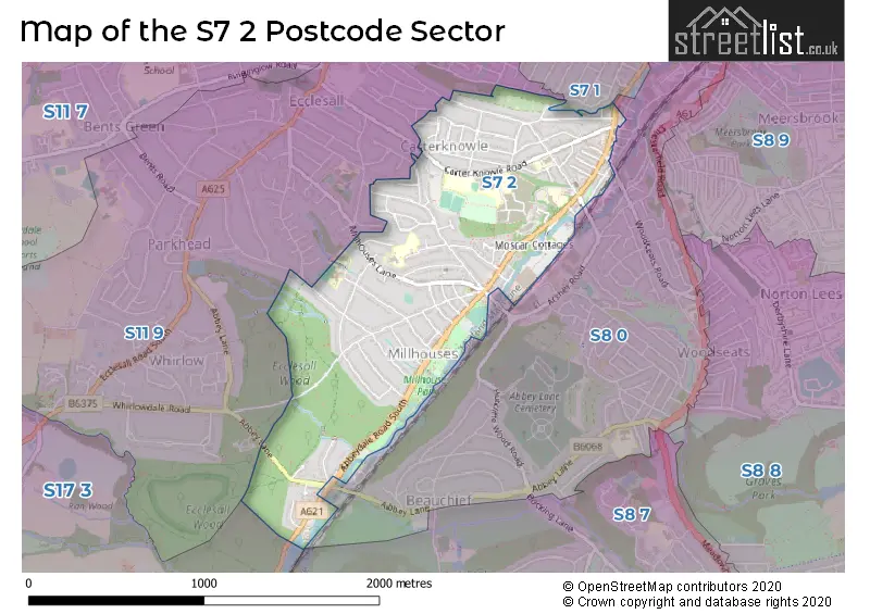 Map of the S7 2 and surrounding postcode sector