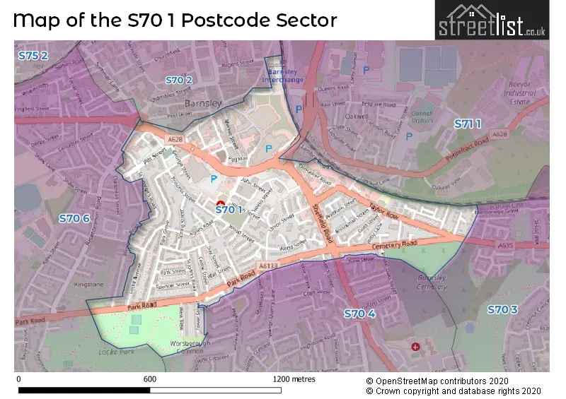 Map of the S70 1 and surrounding postcode sector