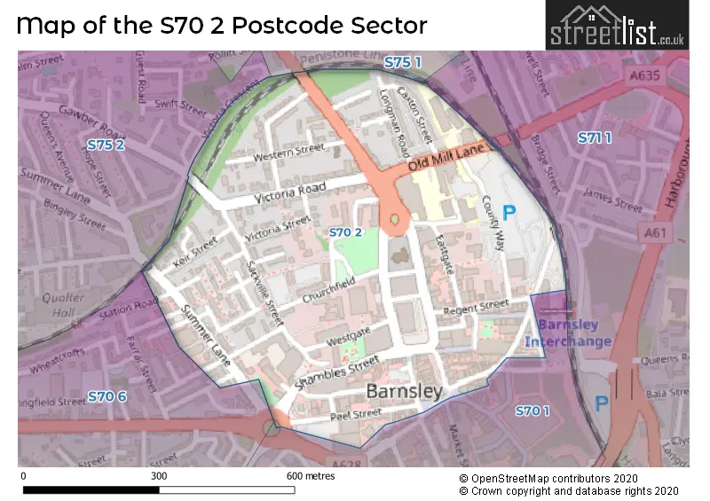 Map of the S70 2 and surrounding postcode sector