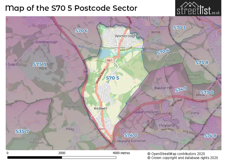 Map of the S70 5 and surrounding postcode sector