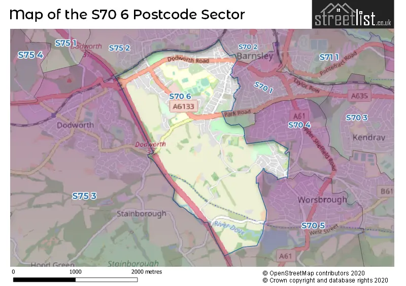 Map of the S70 6 and surrounding postcode sector