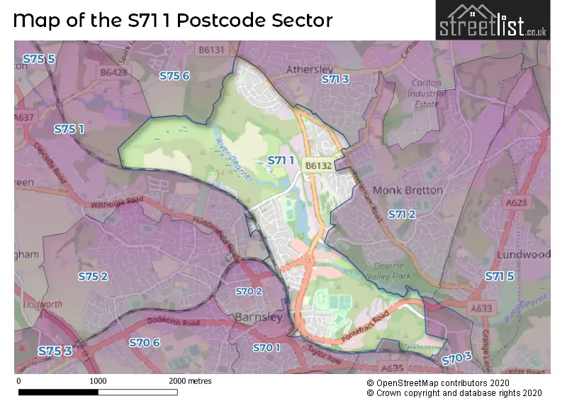 Map of the S71 1 and surrounding postcode sector