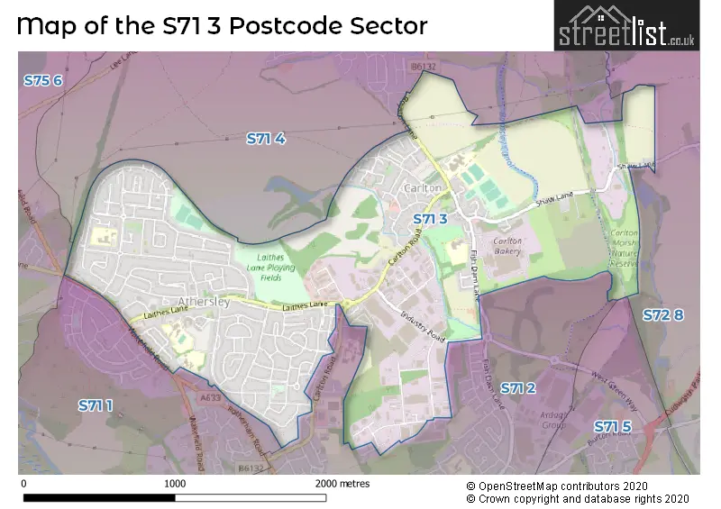 Map of the S71 3 and surrounding postcode sector