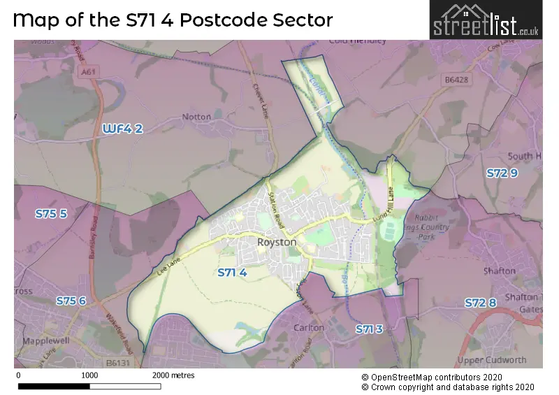 Map of the S71 4 and surrounding postcode sector