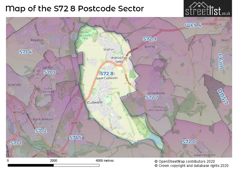 Map of the S72 8 and surrounding postcode sector