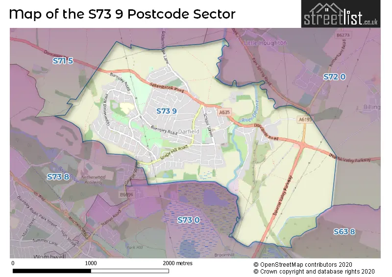 Map of the S73 9 and surrounding postcode sector