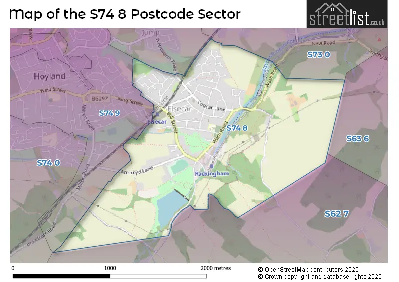 Map of the S74 8 and surrounding postcode sector