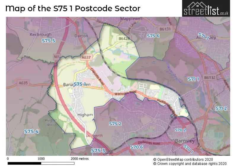 Map of the S75 1 and surrounding postcode sector