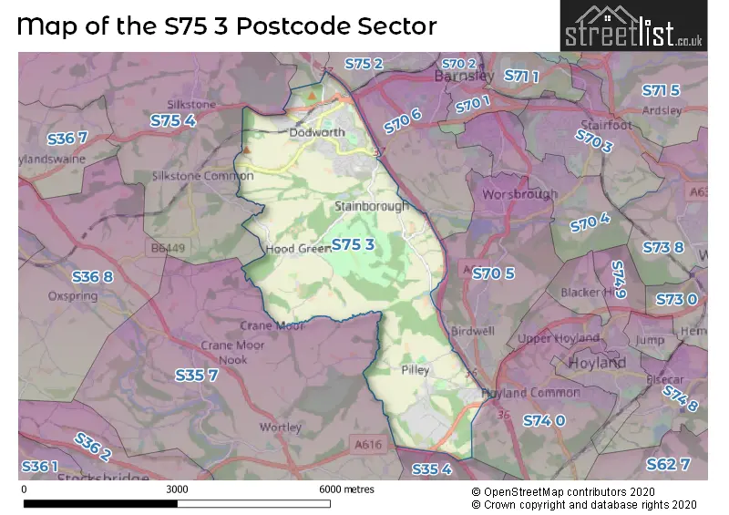Map of the S75 3 and surrounding postcode sector