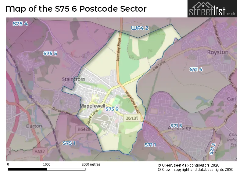 Map of the S75 6 and surrounding postcode sector