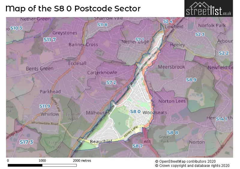Map of the S8 0 and surrounding postcode sector