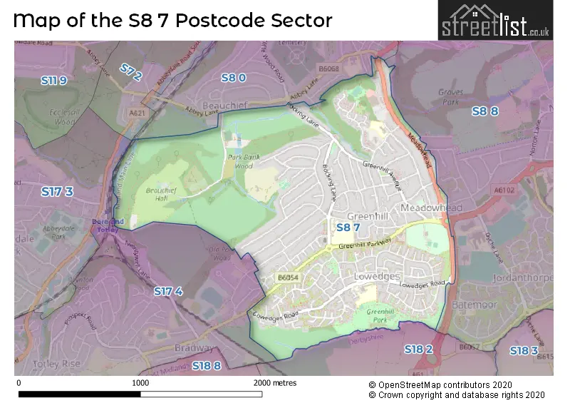 Map of the S8 7 and surrounding postcode sector