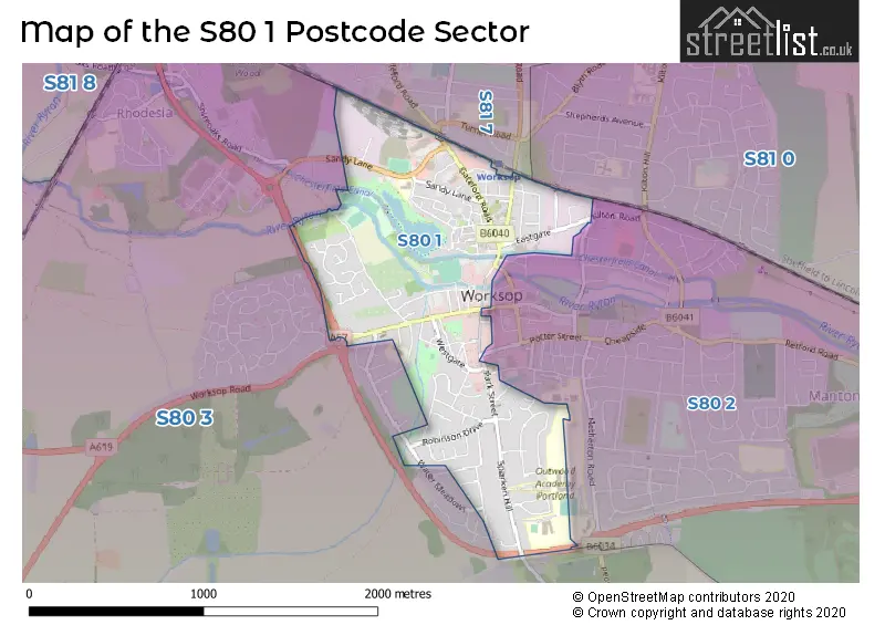 Map of the S80 1 and surrounding postcode sector