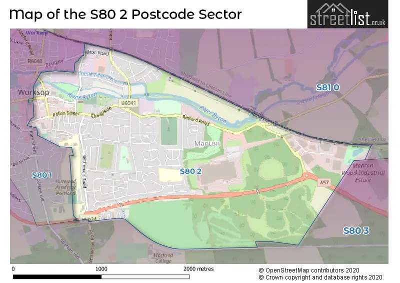 Map of the S80 2 and surrounding postcode sector