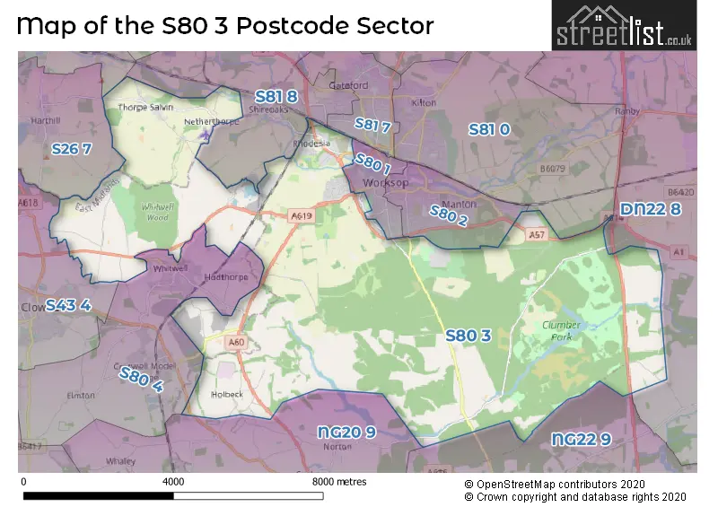 Map of the S80 3 and surrounding postcode sector