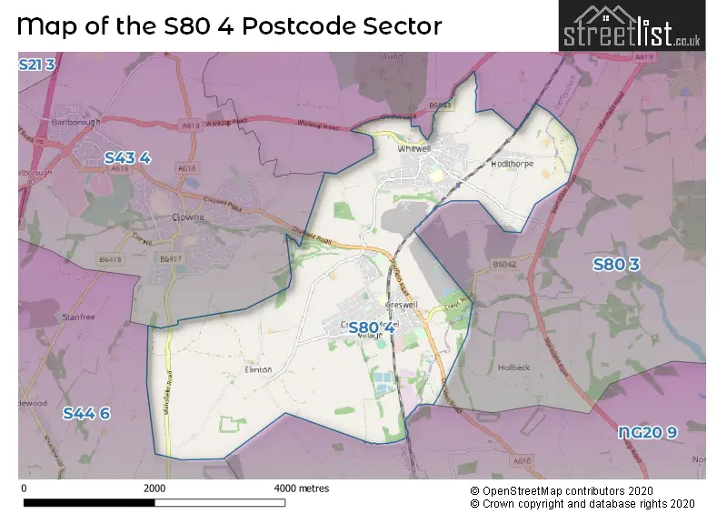 Map of the S80 4 and surrounding postcode sector