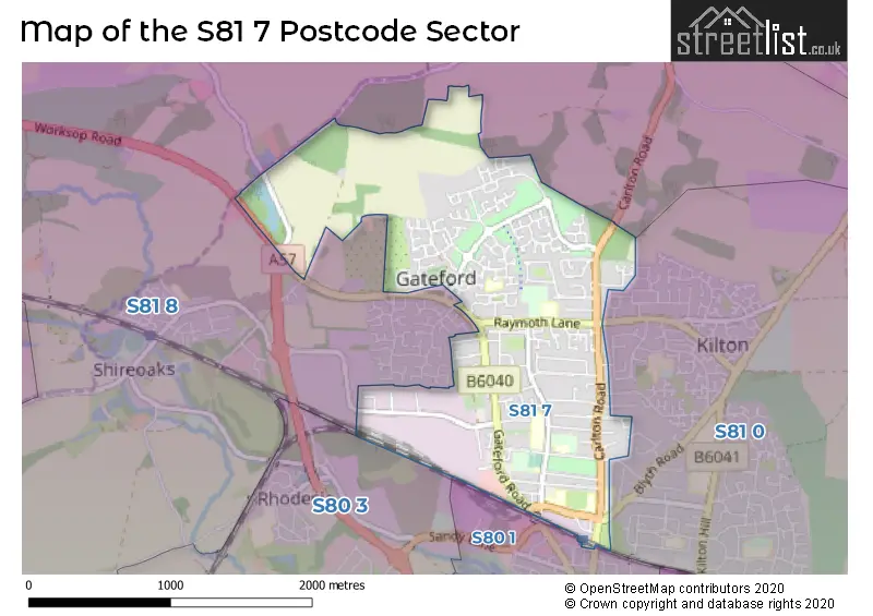 Map of the S81 7 and surrounding postcode sector