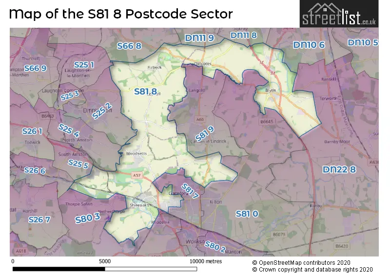 Map of the S81 8 and surrounding postcode sector