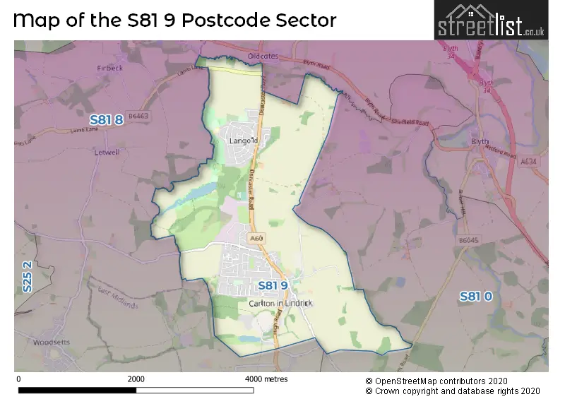 Map of the S81 9 and surrounding postcode sector