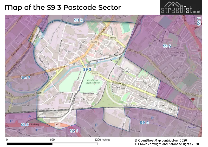 Map of the S9 3 and surrounding postcode sector