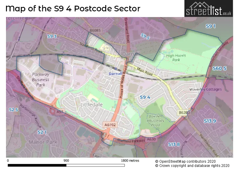 Map of the S9 4 and surrounding postcode sector