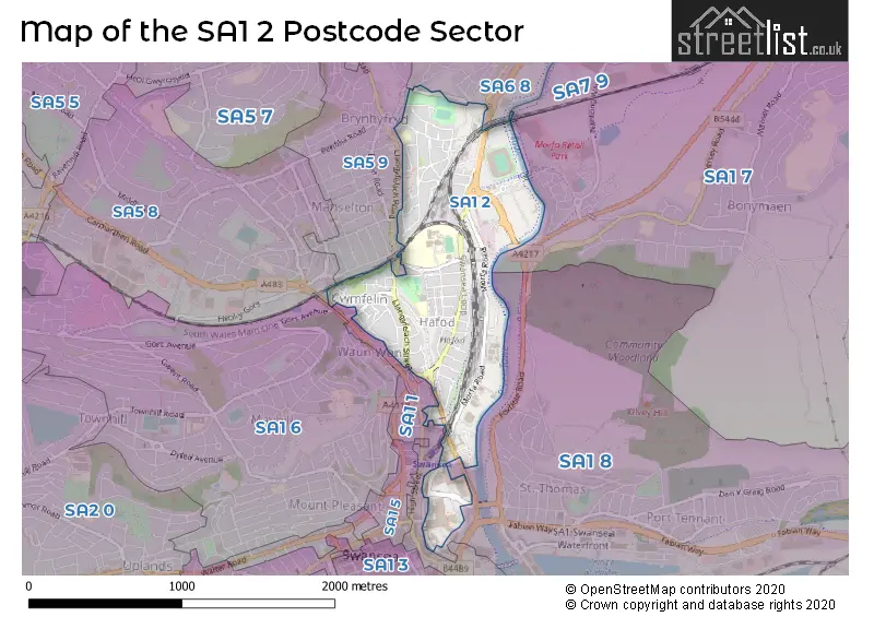 Map of the SA1 2 and surrounding postcode sector