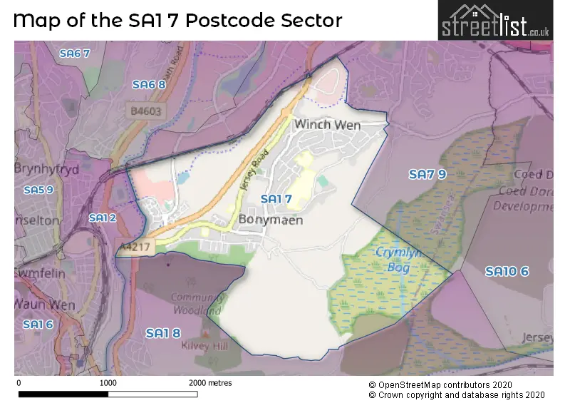 Map of the SA1 7 and surrounding postcode sector