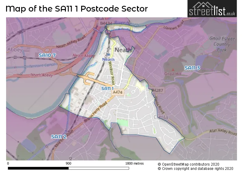 Map of the SA11 1 and surrounding postcode sector