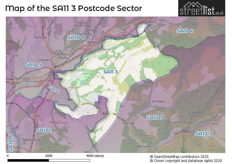 Map of the SA11 3 and surrounding postcode sector