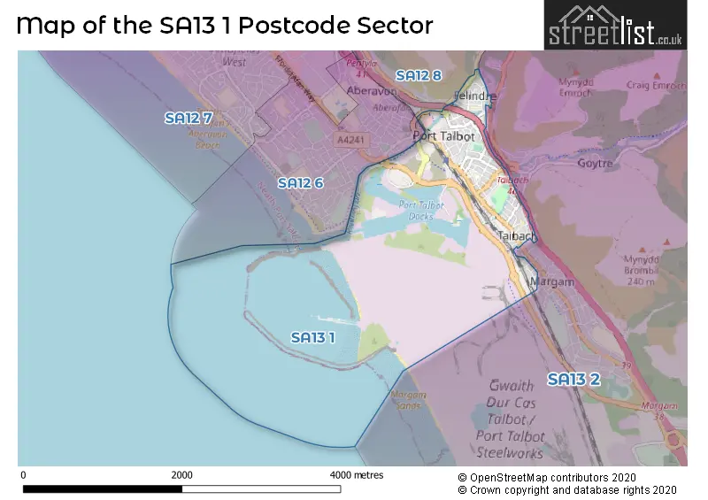 Map of the SA13 1 and surrounding postcode sector