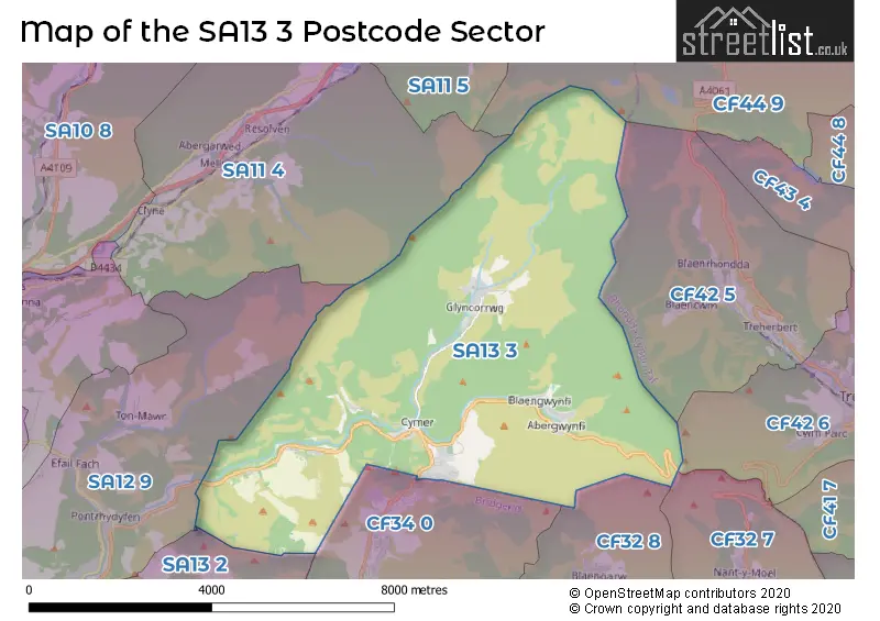 Map of the SA13 3 and surrounding postcode sector