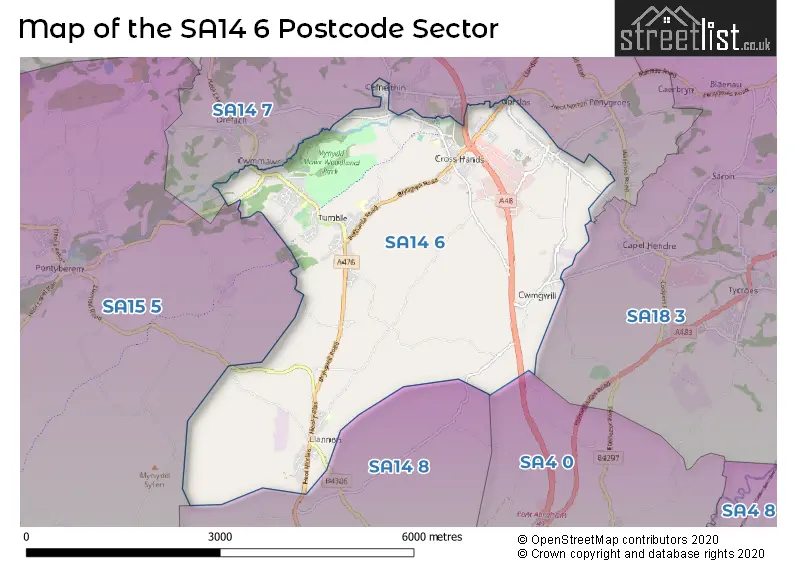 Map of the SA14 6 and surrounding postcode sector